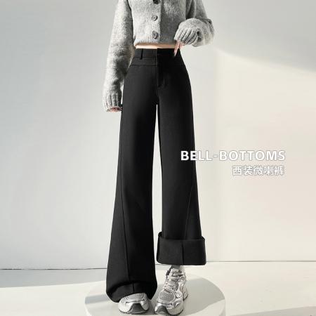 FA53583# 卡其色微喇西装裤女秋冬季新款高腰垂感加绒直筒休闲喇叭阔腿裤子