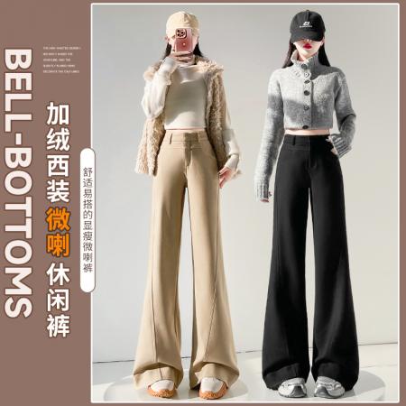 FA53583# 卡其色微喇西装裤女秋冬季新款高腰垂感加绒直筒休闲喇叭阔腿裤子