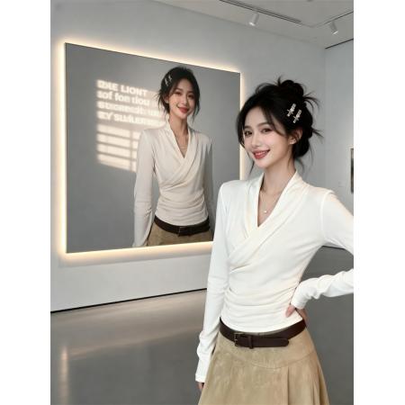 FA53584# 春上新纯欲设计心机交叉V领长袖T恤女修身显瘦上衣打底