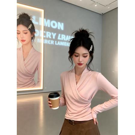 FA53584# 春上新纯欲设计心机交叉V领长袖T恤女修身显瘦上衣打底