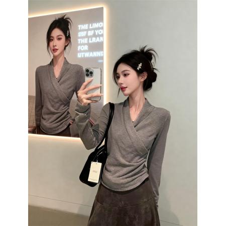 FA53584# 春上新纯欲设计心机交叉V领长袖T恤女修身显瘦上衣打底