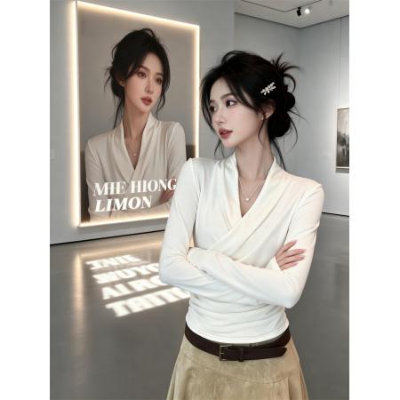 FA53584# 春上新纯欲设计心机交叉V领长袖T恤女修身显瘦上衣打底