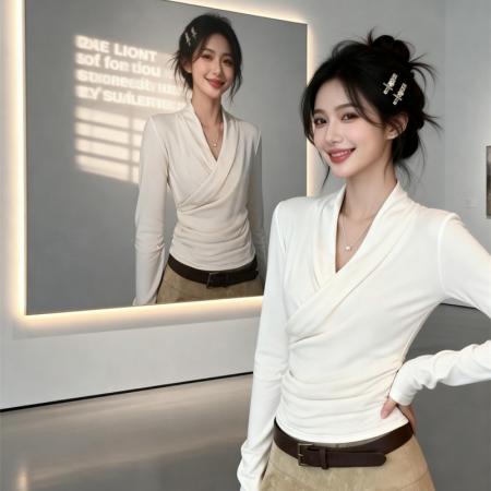 FA53584# 春上新纯欲设计心机交叉V领长袖T恤女修身显瘦上衣打底