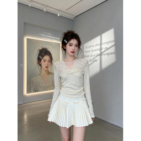 FA53585# 春上新蕾丝拼接收腰显瘦长袖打底衫女韩系气质纯欲T恤女