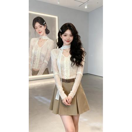 FA53586# 春款纯欲性感蕾丝捏褶花边收腰显瘦上衣T恤女上衣+飘带