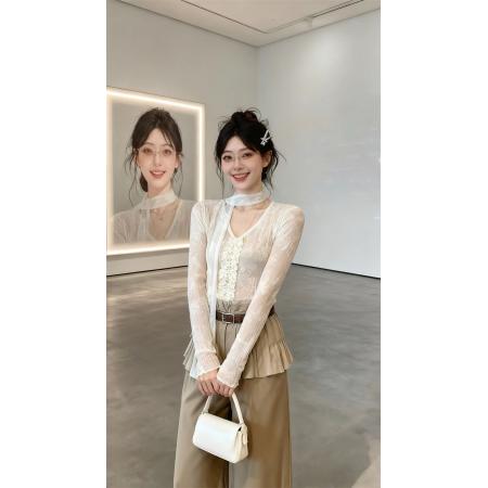 FA53586# 春款纯欲性感蕾丝捏褶花边收腰显瘦上衣T恤女上衣+飘带