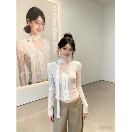 FA53586# 春款纯欲性感蕾丝捏褶花边收腰显瘦上衣T恤女上衣+飘带