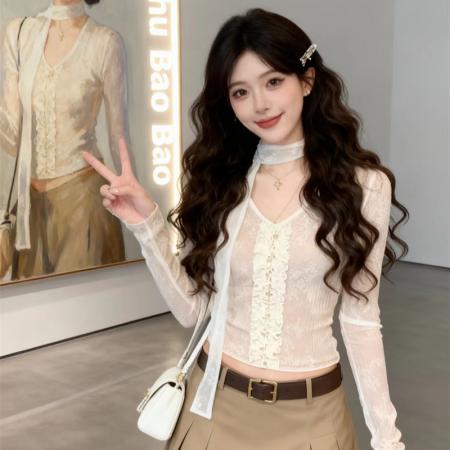 FA53586# 春款纯欲性感蕾丝捏褶花边收腰显瘦上衣T恤女上衣+飘带