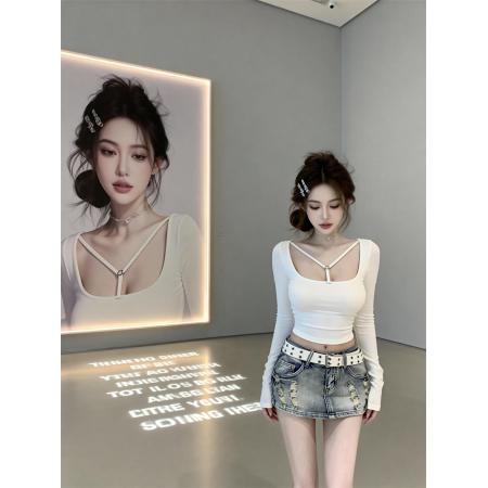 FA53589# 春上新辣妹风带胸垫吊绳V领长袖T恤女修身显瘦上衣打底