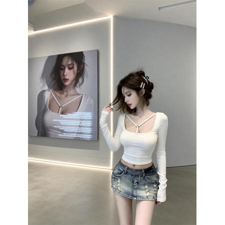 FA53589# 春上新辣妹风带胸垫吊绳V领长袖T恤女修身显瘦上衣打底