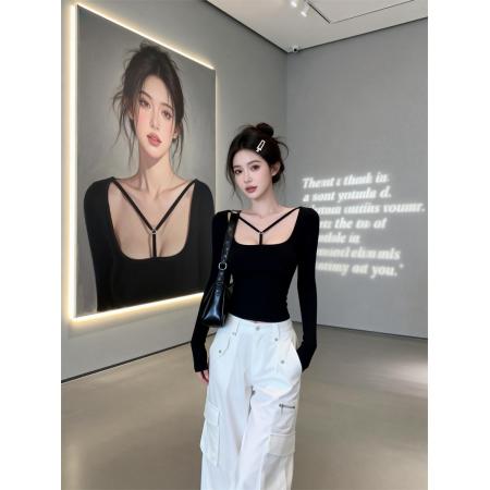 FA53589# 春上新辣妹风带胸垫吊绳V领长袖T恤女修身显瘦上衣打底