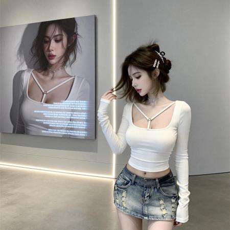 FA53589# 春上新辣妹风带胸垫吊绳V领长袖T恤女修身显瘦上衣打底