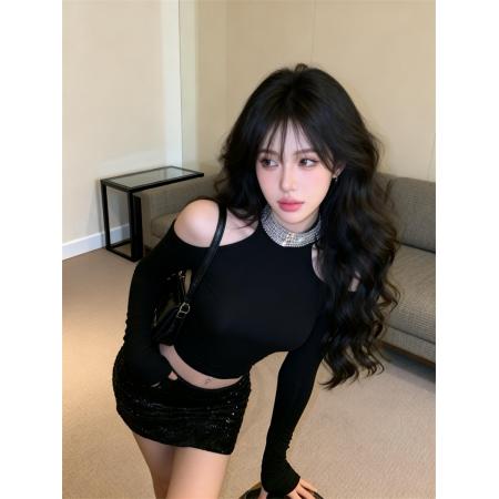 FA53592# 春上新御姐穿搭套装女正反两穿露肩挂脖上衣+亮片A字短裙