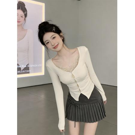 FA53594# 春上新嗲欲蕾丝拼接假两件设计感长袖T恤女韩系气质上衣