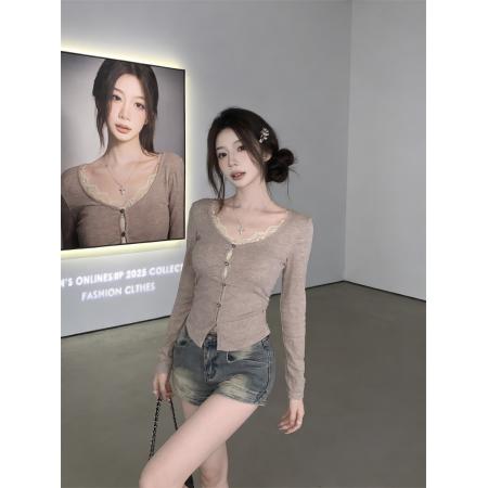 FA53594# 春上新嗲欲蕾丝拼接假两件设计感长袖T恤女韩系气质上衣