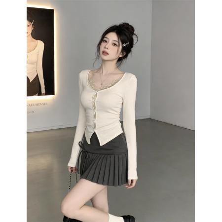 FA53594# 春上新嗲欲蕾丝拼接假两件设计感长袖T恤女韩系气质上衣