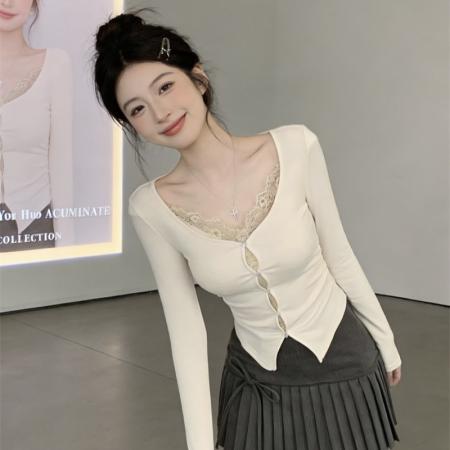 FA53594# 春上新嗲欲蕾丝拼接假两件设计感长袖T恤女韩系气质上衣