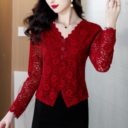 FA53610# 新款红色蕾丝收腰内搭衬衫轻奢高级感时尚洋气V领上衣