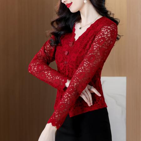 FA53610# 新款红色蕾丝收腰内搭衬衫轻奢高级感时尚洋气V领上衣