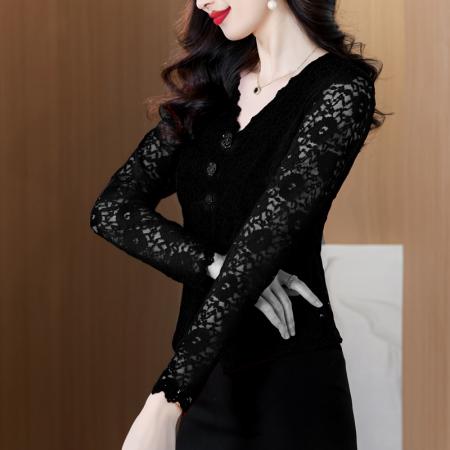 FA53610# 新款红色蕾丝收腰内搭衬衫轻奢高级感时尚洋气V领上衣