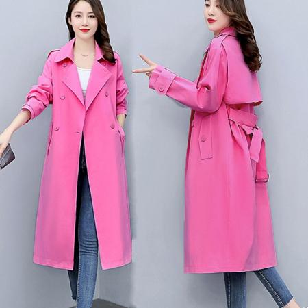 FA53612# 新款流行廓形减龄高级感玫红色英伦风中长款系带风衣外套女