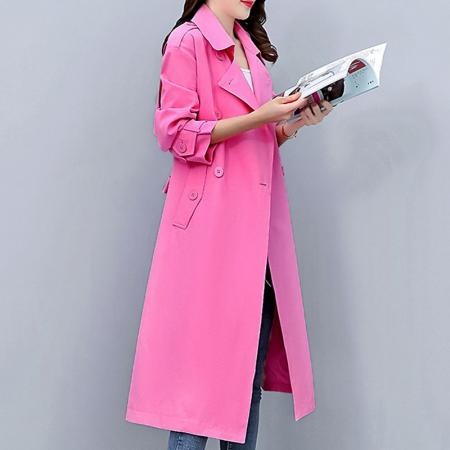 FA53612# 新款流行廓形减龄高级感玫红色英伦风中长款系带风衣外套女