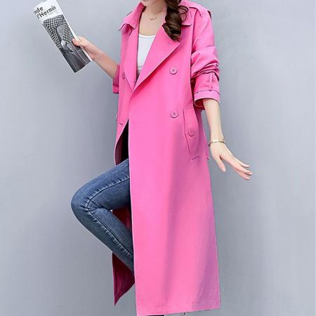 FA53612# 新款流行廓形减龄高级感玫红色英伦风中长款系带风衣外套女
