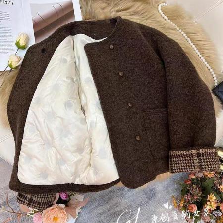 FA53613# 内里加厚圈圈毛呢外套秋冬新款韩版女装时尚气质小个子百搭上衣