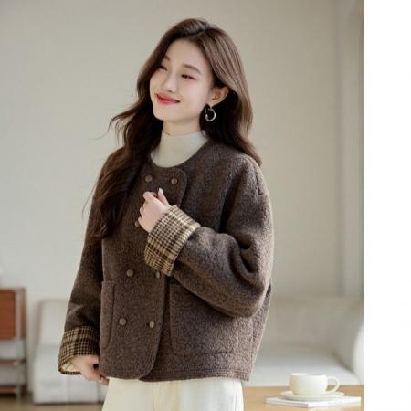 FA53613# 内里加厚圈圈毛呢外套秋冬新款韩版女装时尚气质小个子百搭上衣