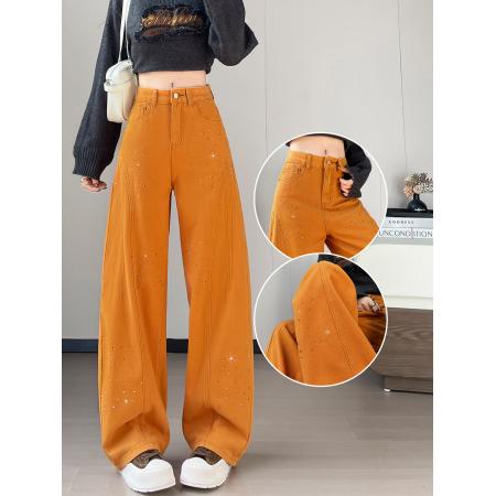 FA53614# 南瓜橙烫钻弯刀牛仔裤女春季新款辣妹高腰宽松阔腿裤子