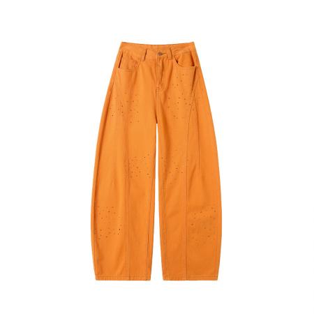 FA53614# 南瓜橙烫钻弯刀牛仔裤女春季新款辣妹高腰宽松阔腿裤子