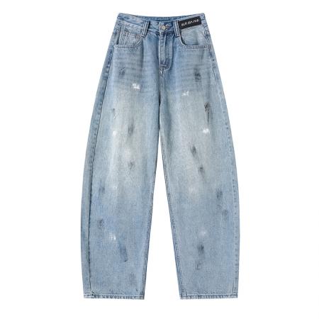 FA53616# 复古弯刀牛仔裤女春季新款高腰显瘦宽松设计感涂鸦阔腿裤