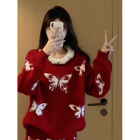 FA53618# 红色蝴蝶提花针织套装女新款春季穿搭荷叶边上衣半身裙两件套