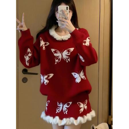 FA53618# 红色蝴蝶提花针织套装女新款春季穿搭荷叶边上衣半身裙两件套