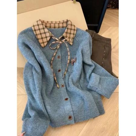 FA53619# 甜美气质学院风复古格纹假两件针织衫拼接秋冬减龄毛衣小个子秋冬