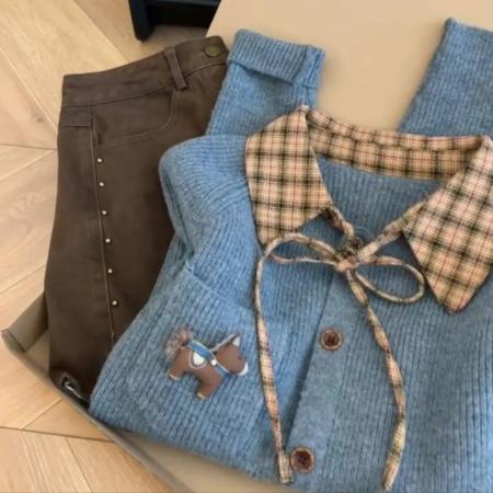 FA53619# 甜美气质学院风复古格纹假两件针织衫拼接秋冬减龄毛衣小个子秋冬