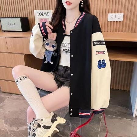 FA53620# 韩系设计感棒球服外套女新款宽松大码学生时尚撞色开衫