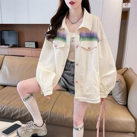 FA53621# 渐变色休闲刺绣牛仔外套女新款设计感百搭翻领宽松夹克上衣