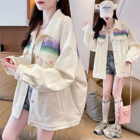 FA53621# 渐变色休闲刺绣牛仔外套女新款设计感百搭翻领宽松夹克上衣