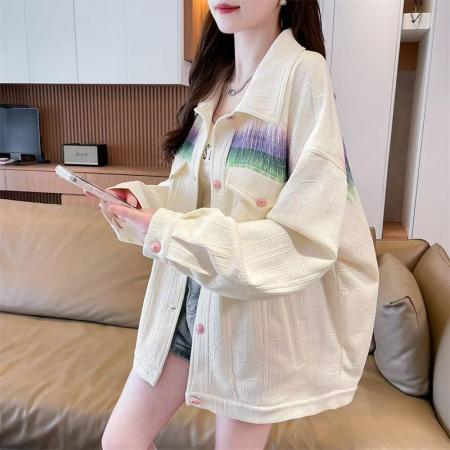 FA53621# 渐变色休闲刺绣牛仔外套女新款设计感百搭翻领宽松夹克上衣
