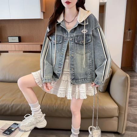 FA53625# 牛仔外套女春秋季新款高级感小个子高腰显瘦短款夹克带帽上衣