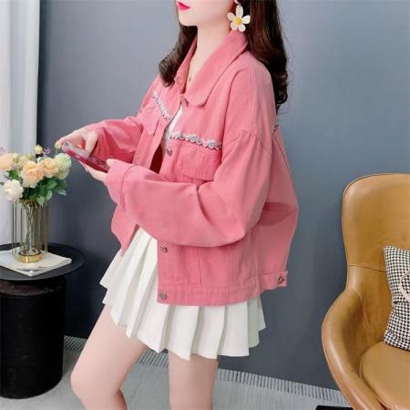 FA53626# 韩系刺绣牛仔外套女春秋季新款宽松百搭小个子短款休闲夹克