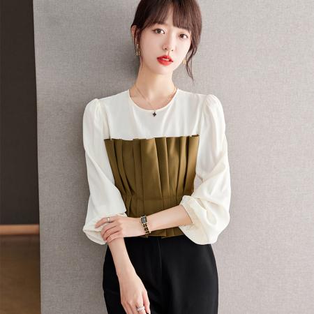 FA53628# 春款假两件拼接衬衫腰封女压褶衫短款收腰上衣