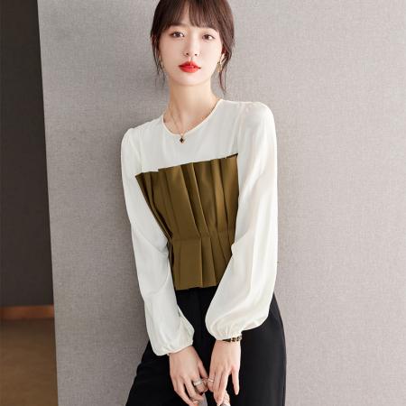 FA53628# 春款假两件拼接衬衫腰封女压褶衫短款收腰上衣