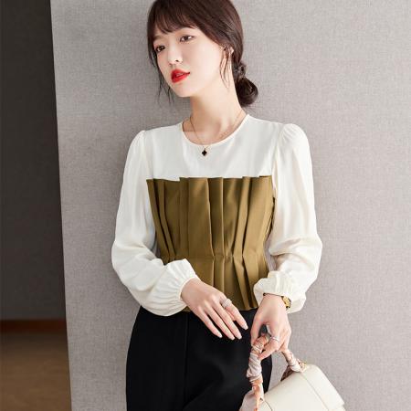 FA53628# 春款假两件拼接衬衫腰封女压褶衫短款收腰上衣