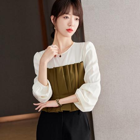 FA53628# 春款假两件拼接衬衫腰封女压褶衫短款收腰上衣