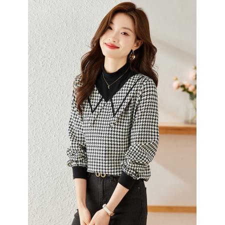 FA53631# 春款半高领上衣格子打底衬衫宽松假两件衬衣