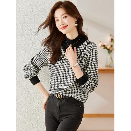 FA53631# 春款半高领上衣格子打底衬衫宽松假两件衬衣