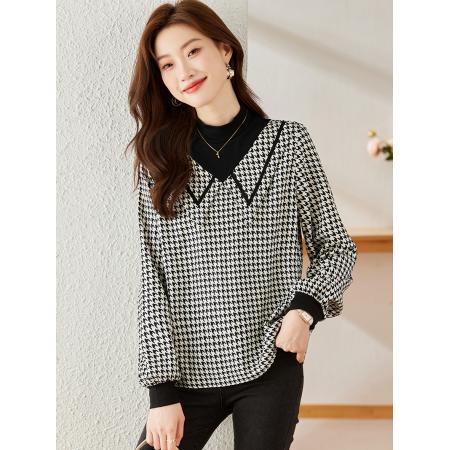 FA53631# 春款半高领上衣格子打底衬衫宽松假两件衬衣
