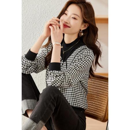 FA53631# 春款半高领上衣格子打底衬衫宽松假两件衬衣